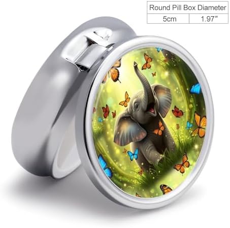 Purse Pill Organizer, Fantasy Elephant Butterfly Cute Round Box, Compact Case for Vitamins, Travel Dispenser Pocket Carry for Her