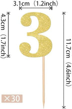30 PCS Number 3 Cupcake Toppers Glitter 3rd Birthday Cupcake Picks Age Three Cheers to 3 Years Old Cake Decorations for Baby Shower Kids Happy Third Birthday Anniversary Party Supplies Gold