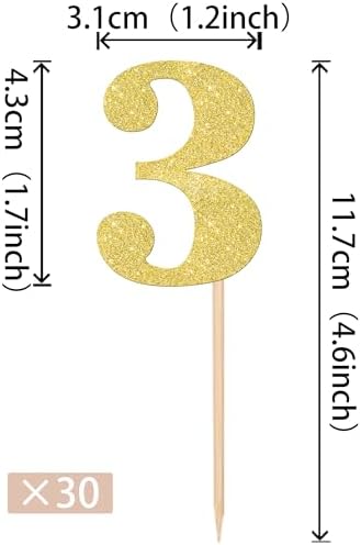 30 PCS Number 3 Cupcake Toppers Glitter 3rd Birthday Cupcake Picks Age Three Cheers to 3 Years Old Cake Decorations for Baby Shower Kids Happy Third Birthday Anniversary Party Supplies Gold