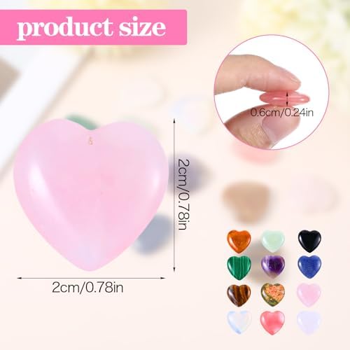 Qianyu 12pcs 0.8 Inches Hearts Healing Crystal Natural Mini Pocket Palm Thumb Love Gemstones Rose Quartz Polished Carved Spiritual Worry Stone for Meditation Body Chakra Reiki Energy Balancing
