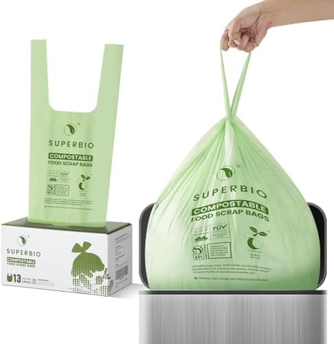 SUPERBIO 13 Gallon Compostable Kitchen Waste Bags with Handles, Food Scrap Bags Certified by BPI, OK compost INDUSTRIAL, 30 Count, 49.2L