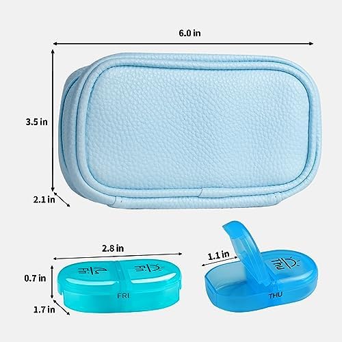 Serfeymi Weekly Travel Pill Organizer 2 Times A Day AM PM Upgraded Rainbow Pill Box 7 Day with Portable Zipper PU Leather Pill Case, Medicine Organizer for Pills, Vitamins, Fish Oils - Blue 01