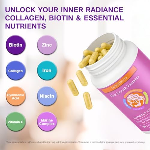 ZYXN Biotin | Collagen | Hyaluronic Acid Supplement, Clinically Proven Hair Growth Support, Skin and Nails, 25000 mcg Vitamins B2, B3, B6 & B7 + B1 & Keratin Women & Men （120 Capsules）