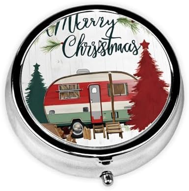 (Farmhouse Christmas) Round Pill Box,3 Compartment Pill Box Mini Decorative Pocket Purse Portable Travel Medicine Tablet Vitamin Holder Organizer Pill Case