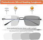 K.LAVER Photochromic Bifocal Reading Glasses Anti-blue Light Glasses Rimless Transition Sunglasses Women Men Sun Readers