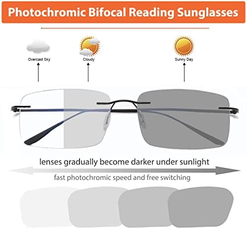 K.LAVER Photochromic Bifocal Reading Glasses Anti-blue Light Glasses Rimless Transition Sunglasses Women Men Sun Readers