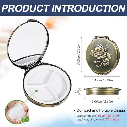 Portable Round Metal Pill Case with Mirror, Featuring 3 Compartments—Perfect for Travel. BPA-Free. (S-Bronze, Small)