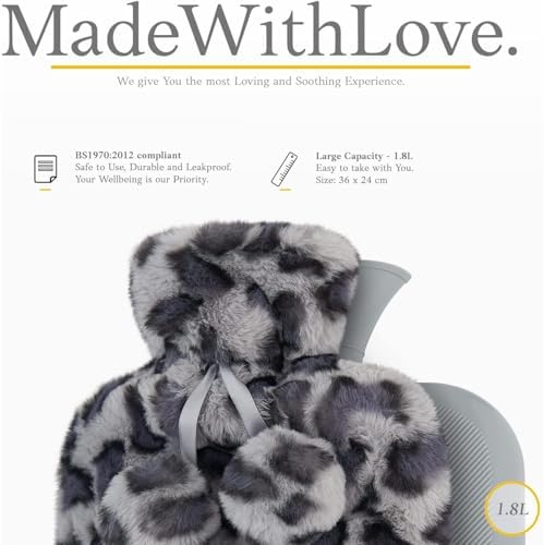 Cute Plush Hot Water Bag, Cartoon Hot Water Bottle with Cute Fleece Cover, Kawaii Design Hand Feet Warmer for Pain Relief, Cramps, Cozy Nights Gifts for Girls Boys Cold Winter (Black Cheetah)