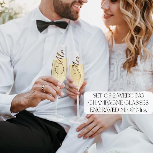Wedding Cake Knife And Server Set Mr Mrs Champagne Flutes, Bride And Groom Gold Engraved Toasting Glasses With Cocktail Napkins Cake Cutting Set For Wedding, Personalized Engagement Gifts For Couple
