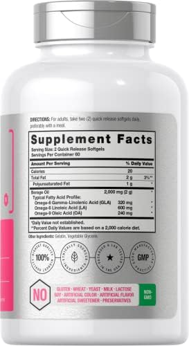 Horbäach Borage Oil Capsules 2000 mg | 120 Softgels | 320mg of GLA | Cold Pressed Seed Oil Supplement