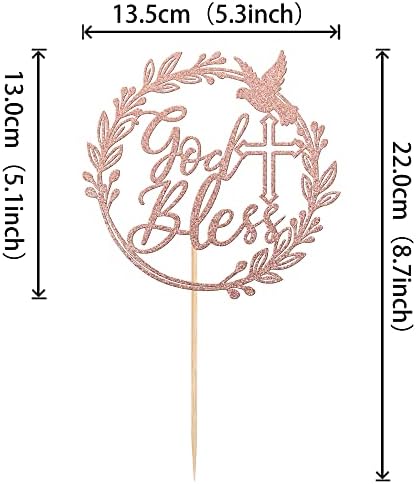 1 PCS God Bless Cake Topper with Dove Glitter Cross First Holy Communion Cake Pick for Celebration Christening Religious Baptism Baby Shower Birthday Party Cake Decorations Supplies Rose Gold