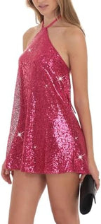 hibshaby Women's Glitter Sequin Dress Halter Neck Party Cocktail Sparkly Mini Dress Clubwear