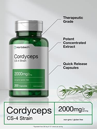 Horbäach Cordyceps Mushroom Capsules | 200 Count | CS-4 Strain Cordyceps Sinesis | Non-GMO Herbal Supplement