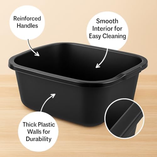 SKYREN 18 Quart Plastic Dishpan | Multi-Purpose Wash Tub for Kitchen, Sink, Countertop, Laundry, and Household Use | Rectangular Black Utility Basin for Cleaning, Soaking, and Storage