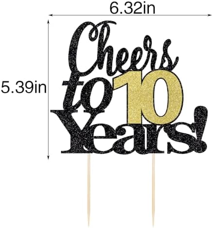LVEUD Black Font Golden Numbers Cheers to 10 Years Happy Birthday Cake Topper -Wedding,Anniversary,Birthday Party Decorations (10th)