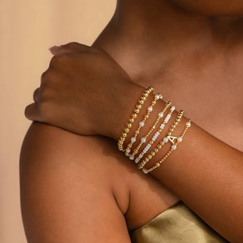 Turandoss 6PCS Gold Beaded Initial Bracelets for Women Girls Gifts Trendy - Dainty 18K Gold Plated Beaded Initial Letter Bracelet Initial A-Z Stretch Bead Stackable Bracelet Birthday Jewelry Gifts
