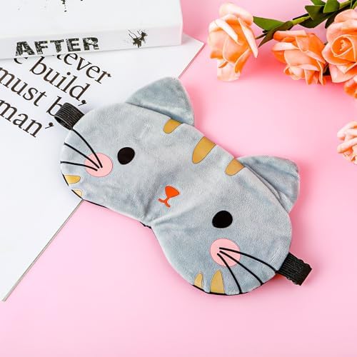 WLLHYF Cute Sleeping Eye Mask Soft Plush Cartoon Cat Blindfold Comfortable Animal Eye Cover Funny Novelty Sleeping Eye Shade for Women Men Kids Travel Nap Sleeping(Grey)
