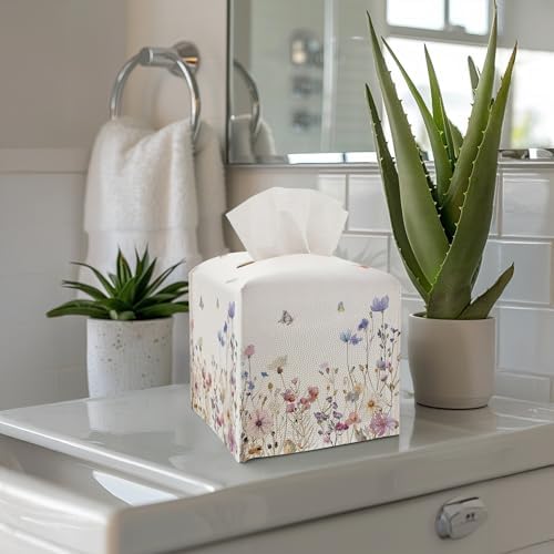 Tissue Box Cover - Wildflowers and Butterflies PU Leather Tissue Box Holder with Elastic Bottom Strap,5.2x5.2Inch Tissue Box Decor for Bathroom Countertop, Nightstand, Office Desk, Bedroom (Butterfly)