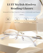 LUFF Stylish Rimless Reading Glasses for Women- Blue Light Blocking Readers, Fashion Frameless Metal Lightweight Eyeglasses
