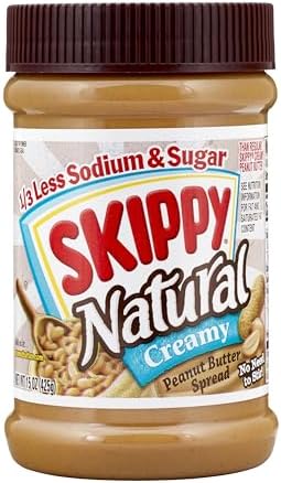SKIPPY Natural Creamy 1/3 Less Sodium & Sugar Peanut Butter Spread, 15 oz Jars (Pack of 12)– Gluten-Free, 7g Protein per Serving
