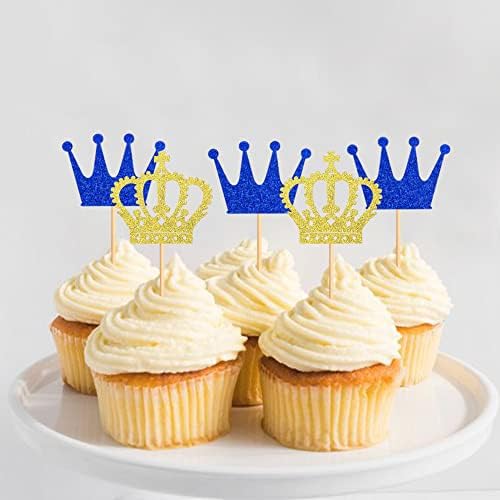 Ercadio 24 Pack Crown Cupcake Toppers - Royal Crown Prince & Queen Cupcake Picks for Theme Party Decoration Supplies