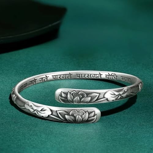 Vintage Silver Lotus Flower Buddhist Bracelet for Women Om Mani Padme Hum Buddhism Ethnic Adjustable Bangle Jewelry