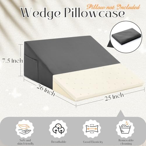 Horbaunal Dark Grey Bed Wedge Pillow Cover with Zipper Design, Wedge Pillowcase Protector with Side Pocket for Storage, 26" L x 25" W x 7.5" H(Pillow Not Include)