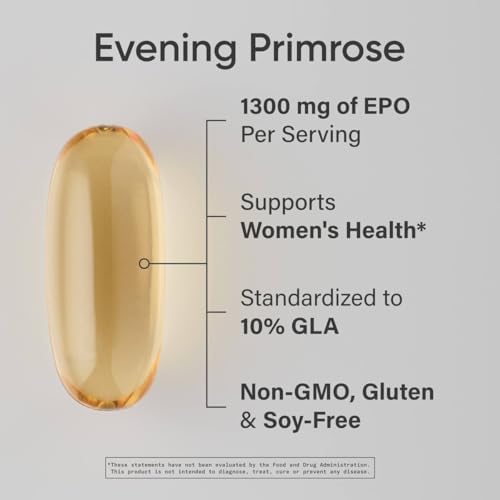 Sports Research Evening Primrose Supplement from Cold Pressed Oil - Softgels for Women’s Health & Skin Health - Gluten Free & Non-GMO GLA - High Potency 1300mg, 30 Count