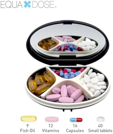 EQUADOSE Oval Compact Pill Case, Portable Organizer with Mirror, Travel Medication Holder with Removable Divider, Small Storage Case for Pills, Vitamins, Earbuds, Jewelry & Daily Essentials, Black
