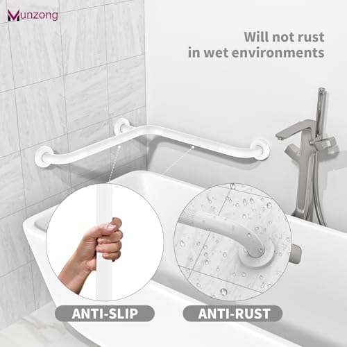 16 Inch Angled Shower Grab Bar, Munzong Anti Slip White Bathroom Grab Bar, L-Shaped Knurled Balance Bar, Safety Hand Rail Support Handicap Elderly Injury Senior Assist Bath Handle