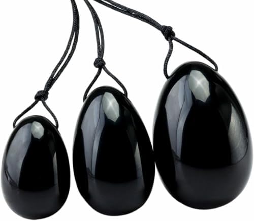 Jade Yo-ni Eggs 3pcs Set Massage Stone Black, Natural Crystal Quartz Eggs Balls for Women Body Massage P-C Muscle Training Wellness, Chakra Healing Body Exercise Relax (Black Obsidian)