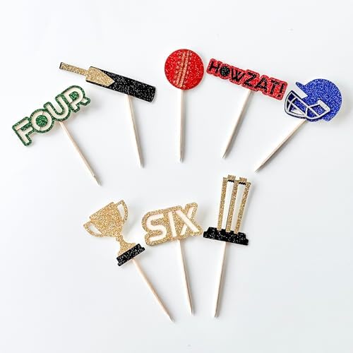 24PCS Cricket Cupcake Toppers – Glitter Sports Theme Party Picks | Birthday, Cricket League, T20, Championship, Tournament & Sports Day Decorations