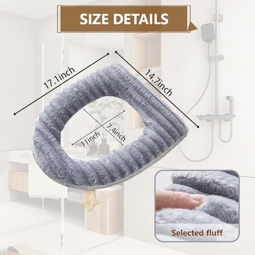 Toilet Seat Warmer Cover,Bathroom Soft Thicker Warmer with Zipper Snaps Fixed Stretchable Washable Fiber Cloth Toilet Seat Covers Pads Easy Installation& Cleaning (Gray)
