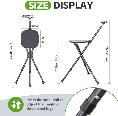 Alloy Folding Cane with Seat, Lightweight Adjustable Walking Cane with Seat, Cane Seat with LED for Seniors, Cane Chair for Woman/Man,Anti-Slip Walking Stick for Seniors