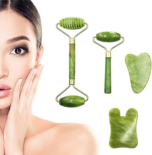 4-PCS Gua Sha Set, Skin Care Roller, Jade Roller Set, Face Stone Facial Roller Massage Tool for Face Eyes Neck Body, Smooth Wrinkles & Eye Puffiness(Green)