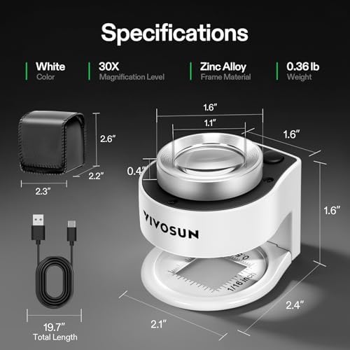 VIVOSUN 30X Rechargeable Loupe, Portable Mini Magnifier, Desktop Magnifying Glass with 3 LED & 3 UV Lights, for Jewelry, Gems, Watches, Coins, Stamps, White