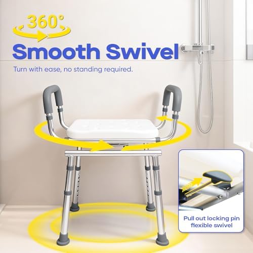 360° Swivel Shower Chair with Arms, Heavy-Duty Shower Stool for Inside Shower Stall and Tub, Safety Height Adjustable Shower Seat for Elderly and Disabled