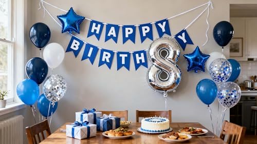 8th Birthday Decorations Blue for Boys, 8th Birthday Banner Balloon Blue Silver, Number 8 Birthday Star Foil Balloons Latex Confetti Balloons for Boys Him 8 Years Old Birthday Supplies(8th)