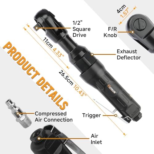 Hoteche 1/2-Inch Air Ratchet Wrench, 65 Ft-lb Max Torque Pneumatic Ratchet Tool, High Speed Professional Air Powered Socket Wrench for Automotive Repair and Tight Spaces, 1/4" Air Inlet