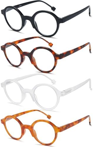 Retro Round Reading Glasses for Women/Men, 4 Pack Lightweight Blue Light Blocking Readers