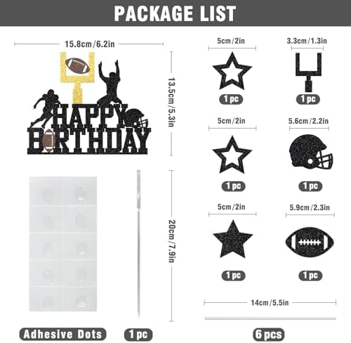 Football Cake Topper, Happy Birthday Cake Topper, Football Cake Decorations, Football Theme Birthday Party Cake Decor Supplies for Boys Men, Black Glitter Cake Decoration