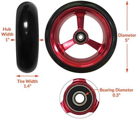 RIANTWHEEL, 5 X 1.4 inch, Solid, PU Wheels, Wheelchair Casters, Aluminum Rim, one Pair (Red)