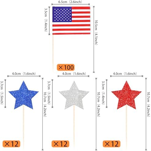 136 PCS Patriotic American Flag Cupcake Toppers Star 4th of July Cupcake Toppers Independence Day Cupcake Decorations for USA Patriotic American National Day Theme Party Cake Decorations Supplies