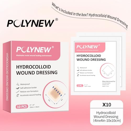 4" x 4"-10Pcs/Box Hydrocolloid Dressing with Border for Light Exudate, Hydrocolloid Patches Waterproof Wound Dressing, Adhesive Hydrocolloid Bandages, for Pressure Ulcer, Bed Sore