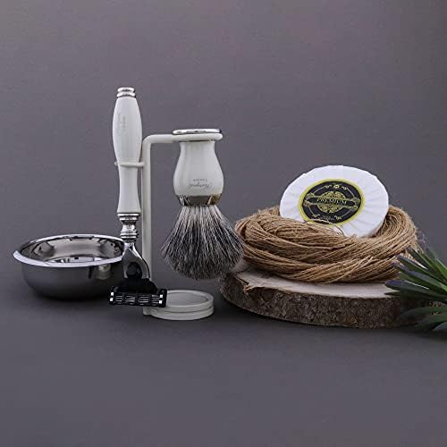 Haryali London 5 Pc Mens Shaving Kit 3 Edge Razor with Black Badger Hair Shaving Brush, Razor Stand, Soap and Stand Perfect Set for Men