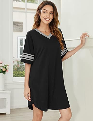Ekouaer Nightgowns for Women Cotton Night Gown Short Sleeve Sleepwear V Neck Color Block Sleep Shirts Ladies Night Shirts