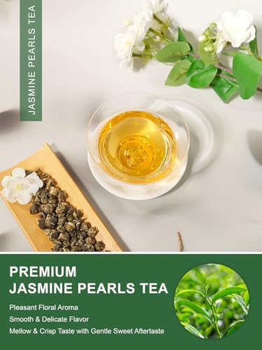 TeeLux Jasmine Pearls Green Tea, Handrolled Green Tea Loose Leaf with Delightful Aroma, Natural Jasmine Pearl Tea, 16oz