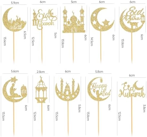 60 Pcs Eid Mubarak Cupcake Toppers,Glitter Moon Star Ramadan Kareem Cupcake Toppers for Eid Islamic Muslim Party Cake Decorations