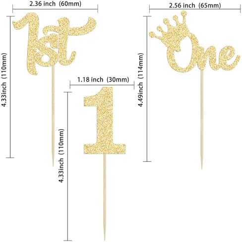 24Pcs 1st Birthday Cupcake Toppers Glitter First Birthday One Cupcake Picks for Baby Shower 1st Birthday Party Cake Decorations Supplies Gold