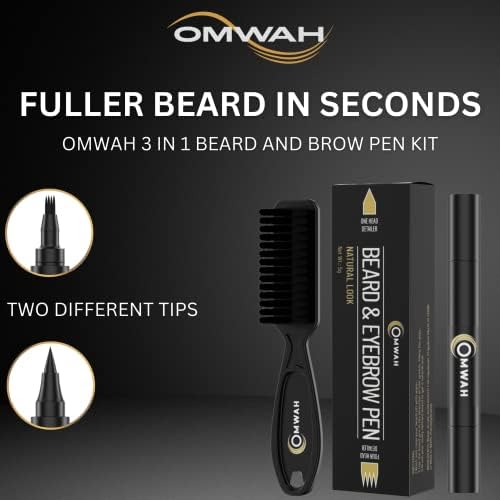 OMWAH Beard and Eyebrow Pencil Filler for Man, Water Proof Beard Pen, Beard Brush, Long Lasting Natural Finish (Dark Brown)